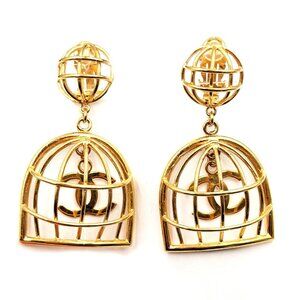 Chanel Rare Vintage Gold Plated CC Bird Cage Clip on Earrings
